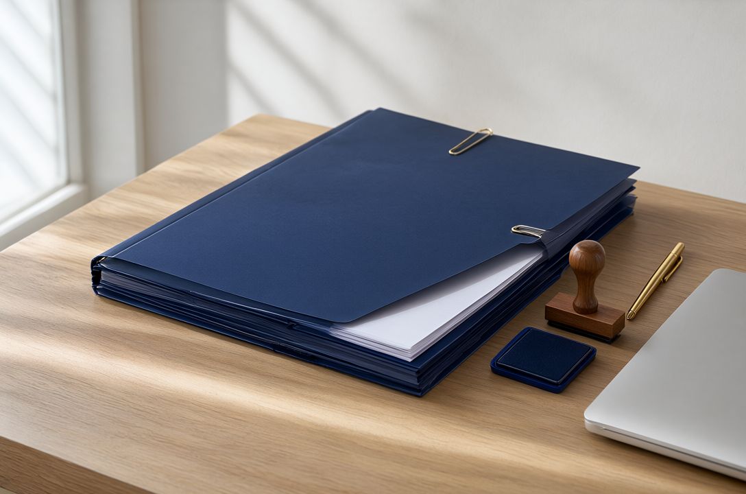 Bureau rangé avec des chemises bleu marine, un tampon encreur, un stylo doré et un ordinateur portable