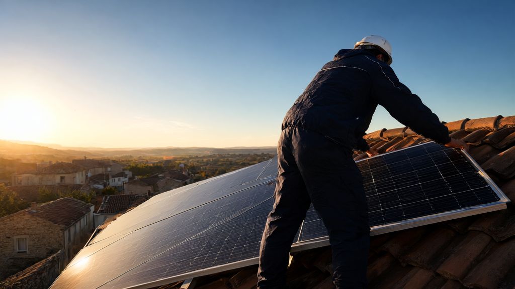 Un installateur en harnais fixe un panneau solaire sur un toit de tuiles, sous un grand ciel bleu
